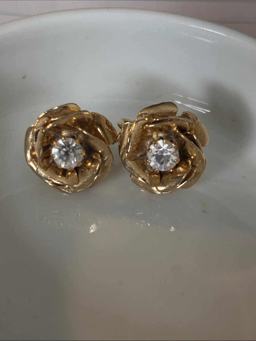 Gold Rose Halo Stud Earrings with Clear Crystal Centers clip on